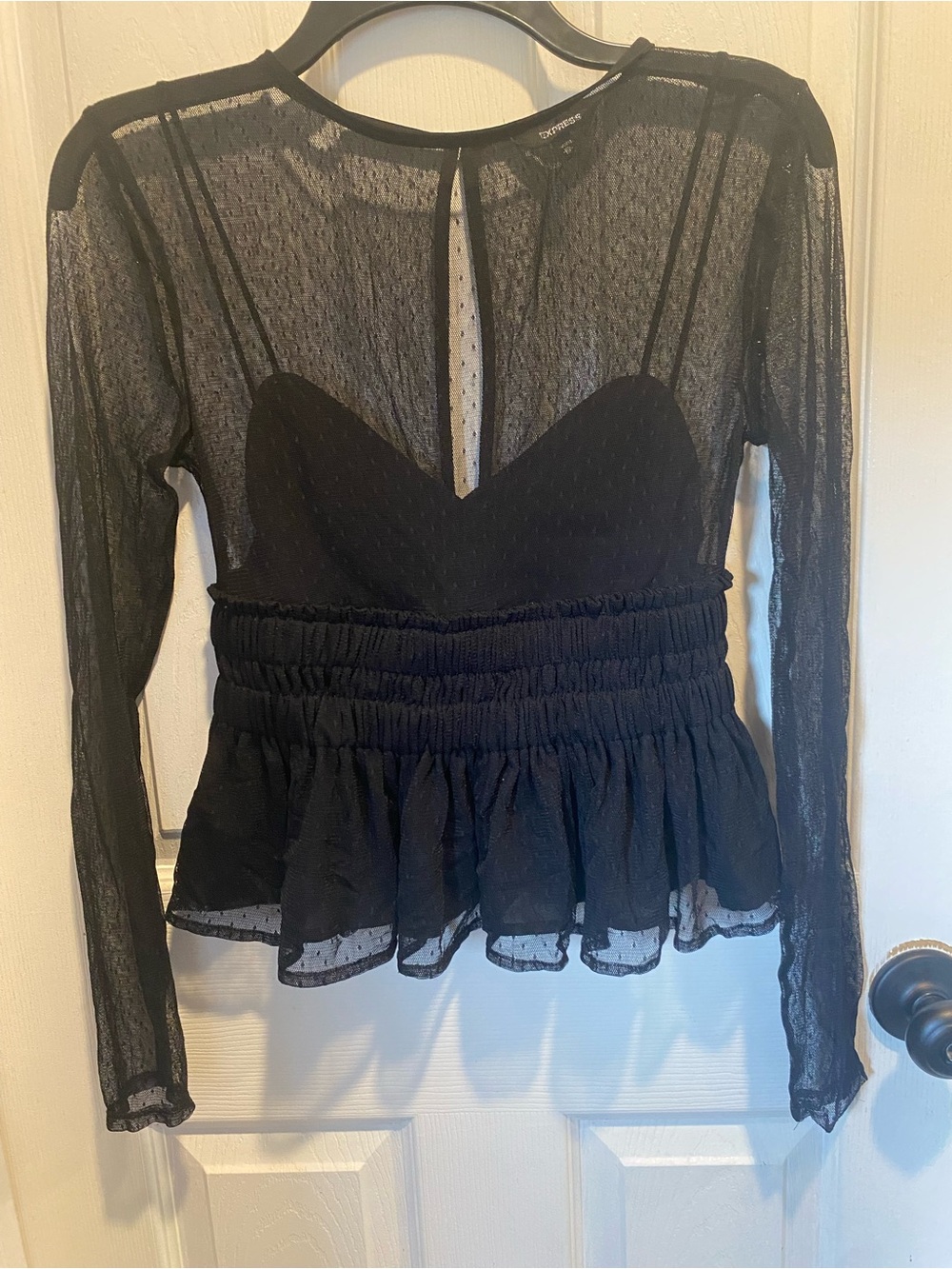 Express Black Sheer Long-Sleeve Peplum Blouse
